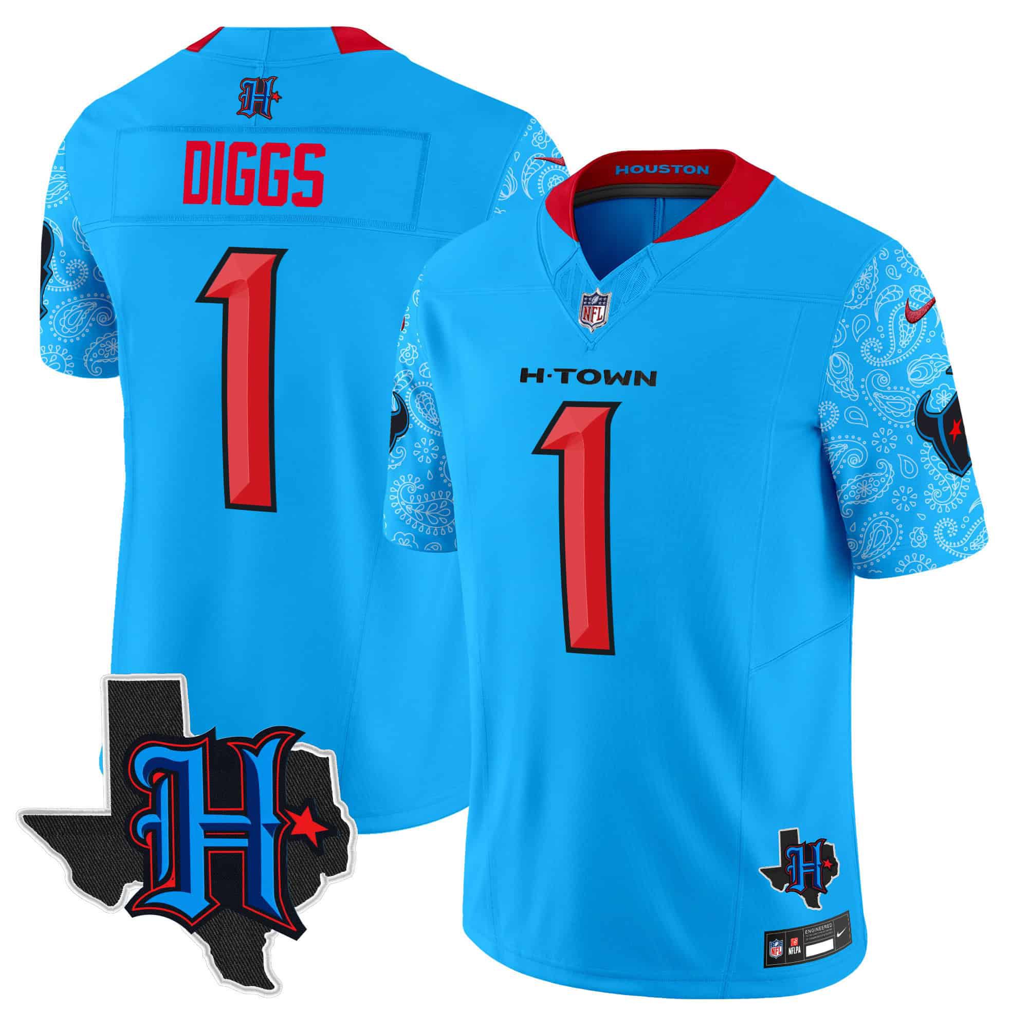 Men Houston Texans #1 Diggs Light Blue 2024 Nike Texas Patch Vapor Limited NFL Jersey